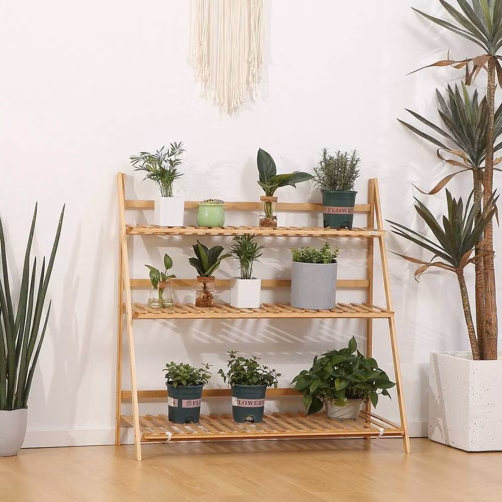 Kelvenix 3-Tier Folding Bamboo Plant Stand Display Rack in Brown, H 97.0 cm x W 39.0 cm x D 100.0 cm – 4