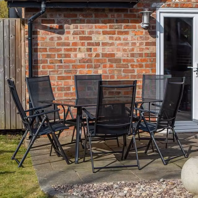 Samuel Alexander Black 6 Person Rectangular Glass Top Garden Dining Table and Chairs Set
