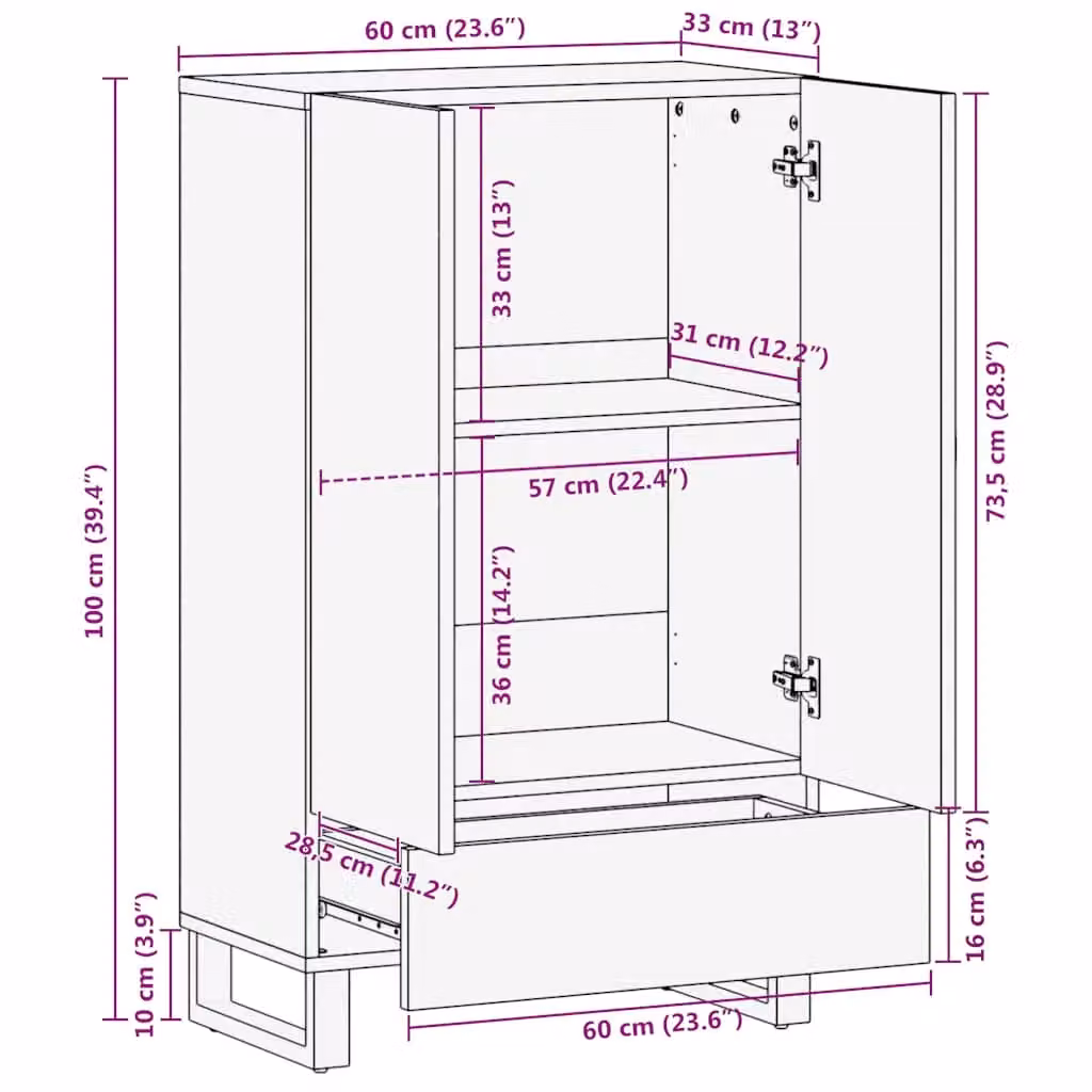 Berkfield Home Black Mango Wood Highboard W/D/H: 60 x 33 x 100 cm – 4