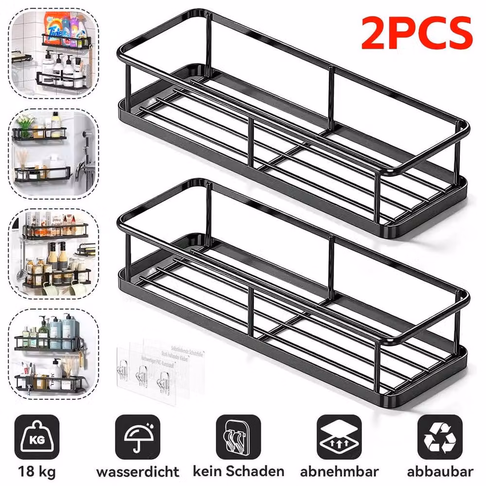 KORVIXA 2-Piece Rustproof Metal Shower Caddy Storage Racks in Black with Hooks – 3