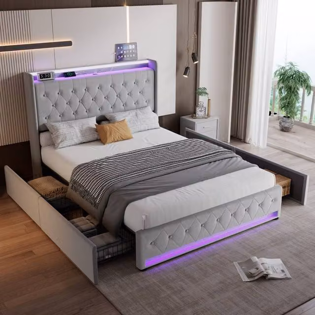 ModernLuxe Grey Velvet Upholstered Double Storage Bed with 4 Drawers, LED Lighting and USB Charging Port, W/D/H: 140 x 190 x 45.5 cm – 1