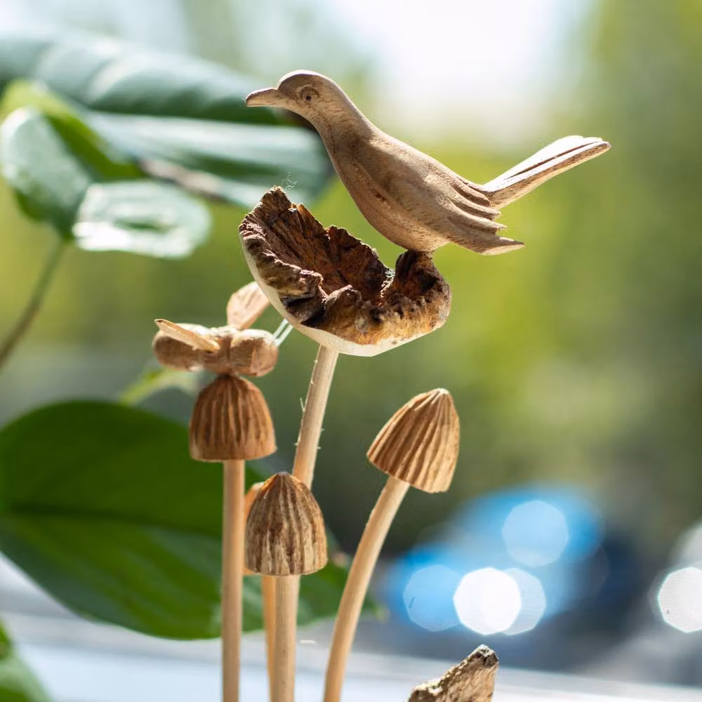 Serenityy Handmade Parasite Wood Carving featuring Bird, Bee and Mushrooms in Brown – 3