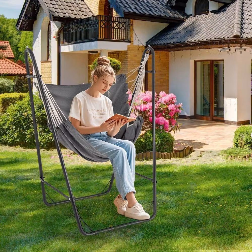 Gymax Hammock Swing Chair with Metal Stand and Side Pocket in Grey – 2