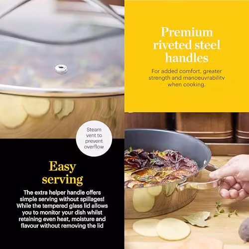 Tower 28cm Multi-Pan with Tempered Glass Lid, Silver Stainless Steel and Ceramic Non-Stick Coating, Induction Compatible and Oven Safe – 4