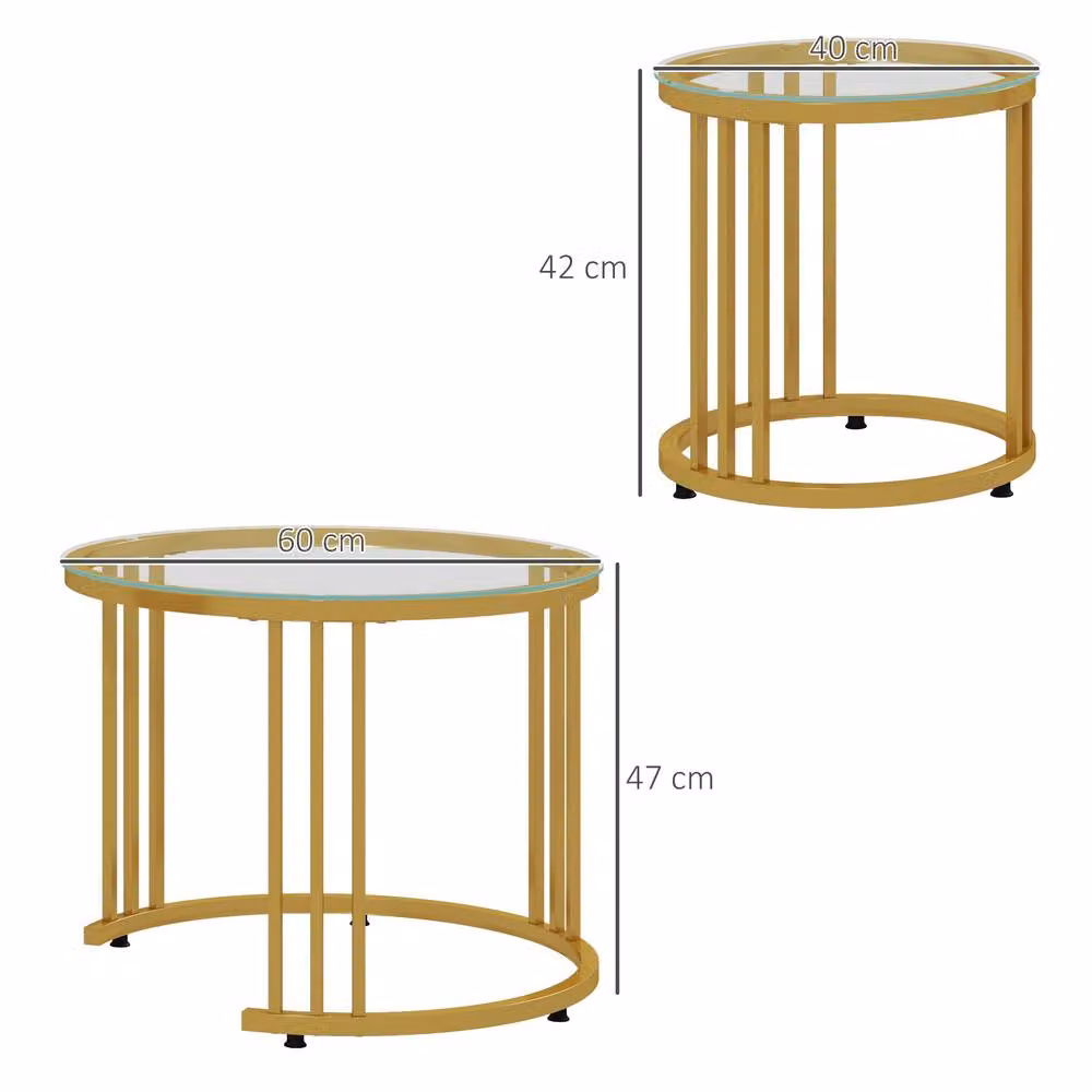 STILVORA Set of 2 Art Deco Nesting Coffee Tables with Gold Metal Sled Base and Round Glass Tops – 3