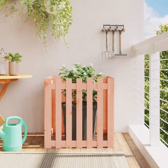 Berkfield Home Garden Planter with Fence Design in Brown Solid Wood, W/D/H: 70 x 70 x 70 cm