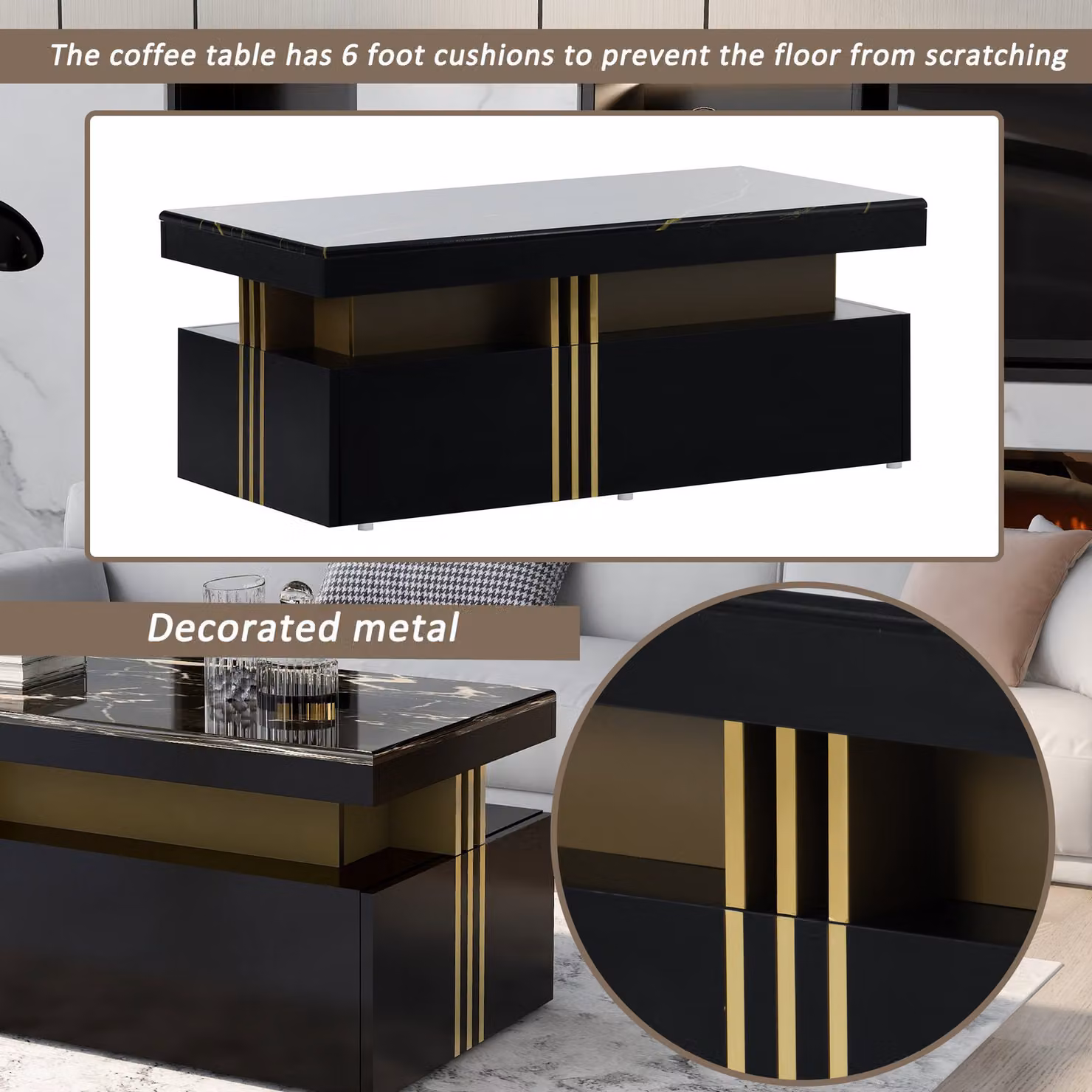 Aosom UK Modern Rectangular Coffee Table with Marble Veneer Top and 2 Wooden Drawers, Black, W: 100 cm, D: 50 cm, H: 40 cm – 5