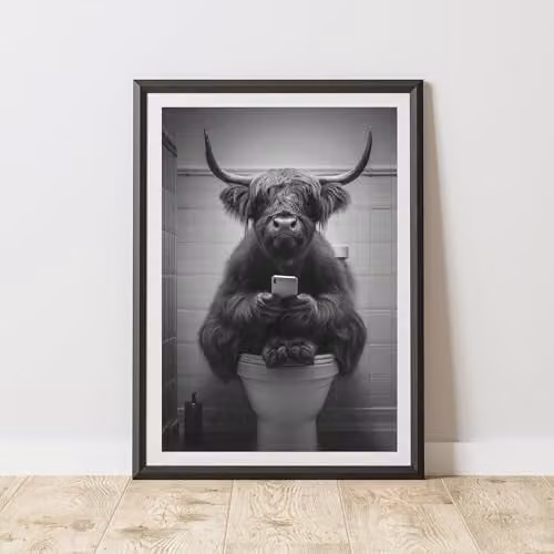 60 Second Makeover Highland Cow on Toilet Quirky Animal Print Paper Poster, A3