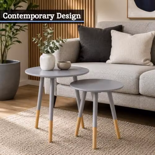 Premier Housewares Set of 2 Grey Round Nested Side Tables with Pine Wood Legs – 4