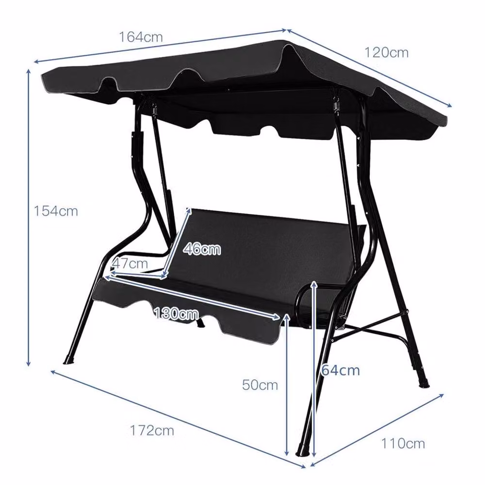 Costway 3 Seater Metal Garden Swing Chair with Sun Canopy and Cushions in Black – 2