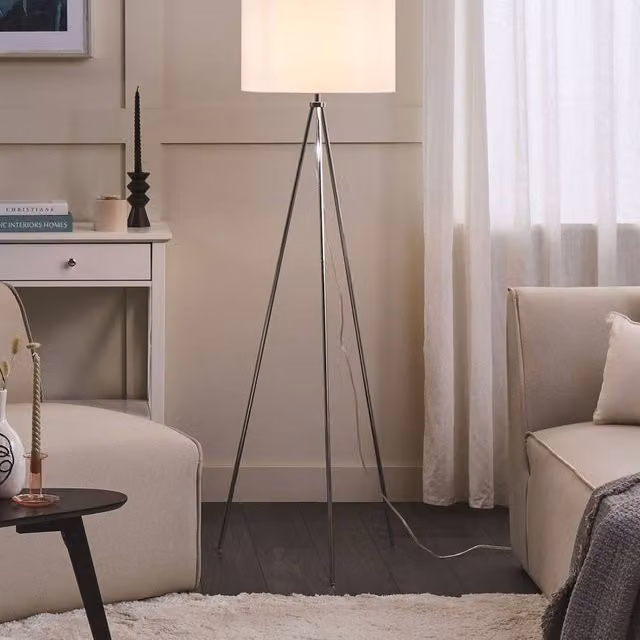 Wyld and Coco Silver Tripod Floor Lamp with White Fabric Drum Shade, Height: 148 cm – 1