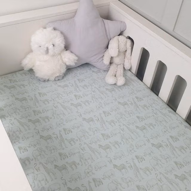 Minky Myles Baby Safari Jungle Animal Fitted Cot Bed Sheet, Sage Green Cotton Jersey Nursery Bedding, W/D/H: 70 x 140 cm