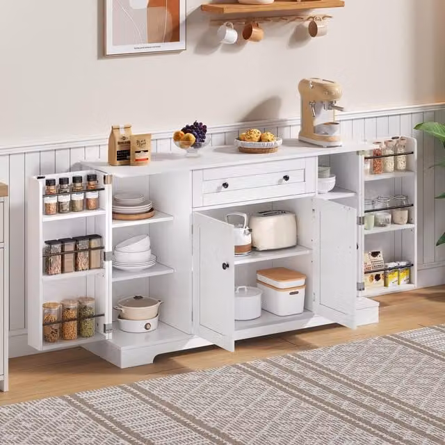Aosom UK Multifunctional Kitchen Sideboard with Double-Door Compartment and Adjustable Shelves, White, W: 138 cm, D: 40 cm, H: 85 cm – 1