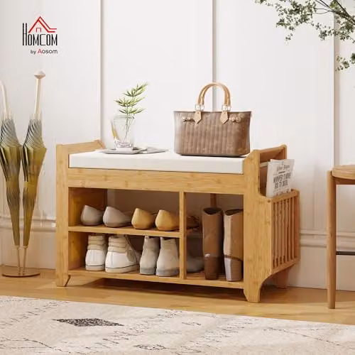 HOMCOM Scandinavian Shoe Bench with Cushioned Seat in Natural and Beige, W/D/H: 80 x 30 x 50 cm – 2