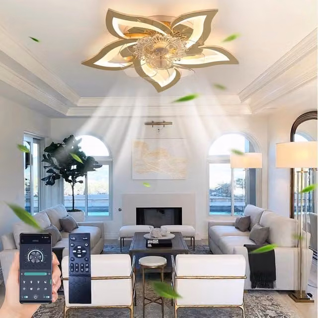 Garwarm Gold Dimmable Modern Silent Ceiling Fan Chandelier with Transparent Shade for Living Rooms and Bedrooms