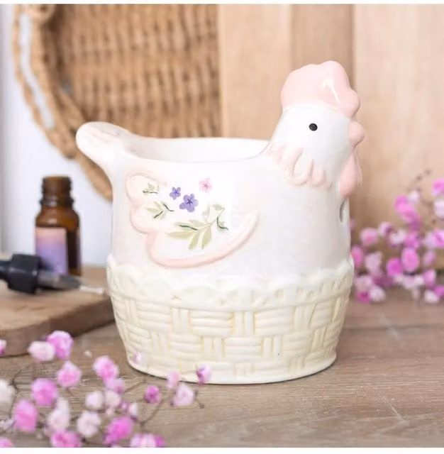 KDMD White Ceramic Pastel Hen Oil Burner and Wax Warmer with Floral Decor