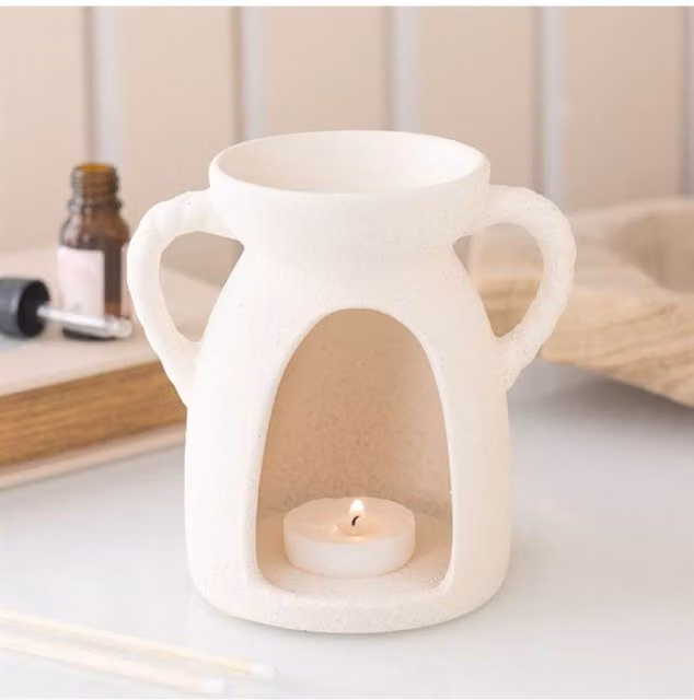 KDMD White Ceramic Rope Handle Oil Burner and Wax Warmer with Tealight Holder