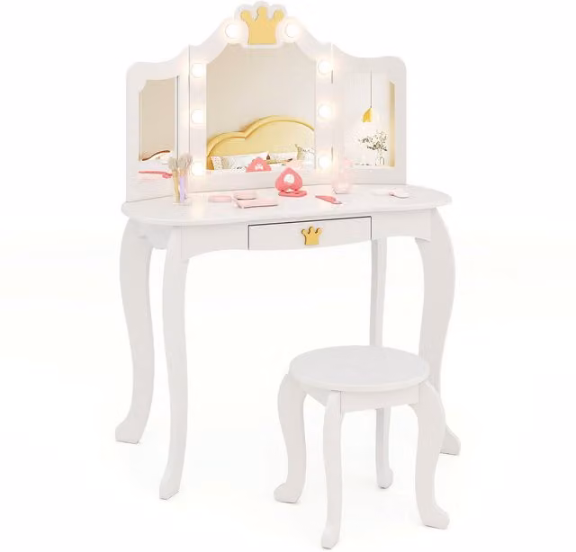 Costway Princess Vanity Table and Chair Set for Children in White