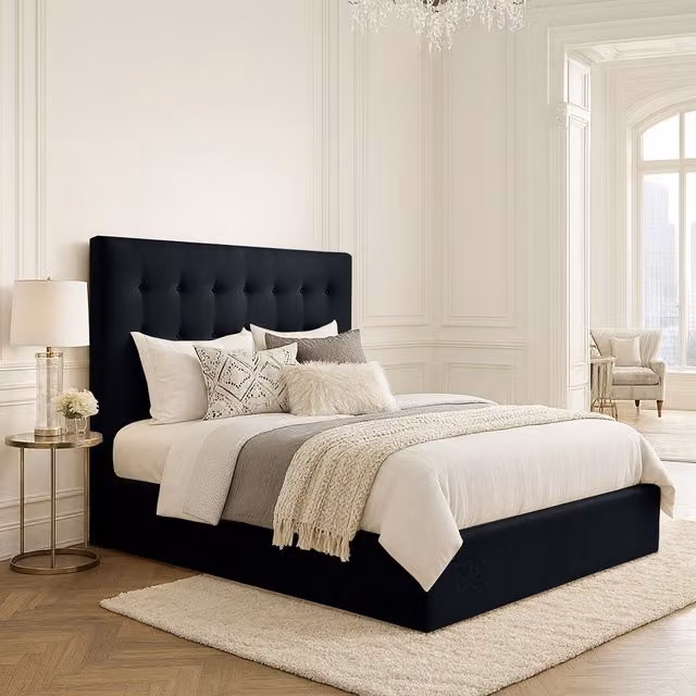 Desire Deco Serena Upholstered Velvet Bed Frame in Black, Small Double (W/D/H: 120 x 200 cm)
