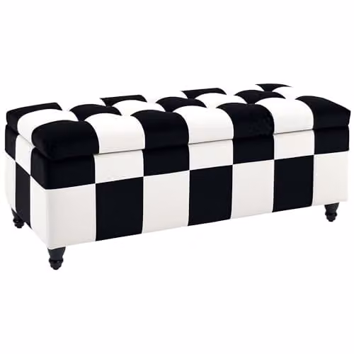 HOMCOM Velvet Storage Ottoman in White and Black, Button-Tufted Padded Footstool with Rubberwood Frame, W/D/H: 114 x 47 x 47 cm