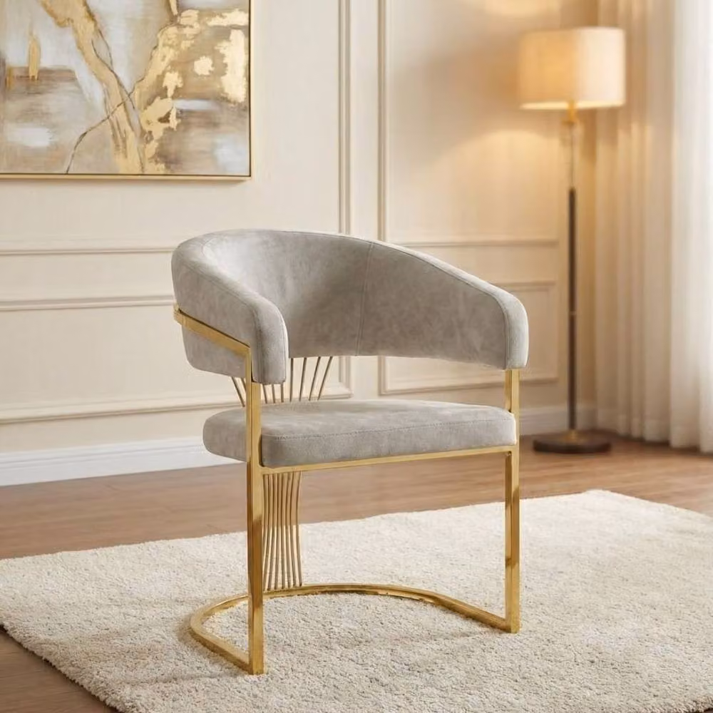 HOME LUXE INTERIOR Cream Porado Leatheraire Dining Chair with Gold Frame and Armrests in Beige – 2