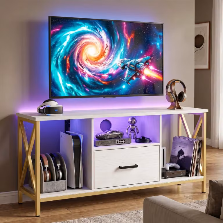 DHS White and Gold Industrial TV Stand with Metal and MDF Storage