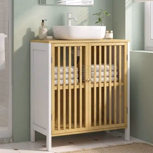 STILVORA White Under Sink Bathroom Cabinet with Adjustable Internal Shelves and Hinged Doors