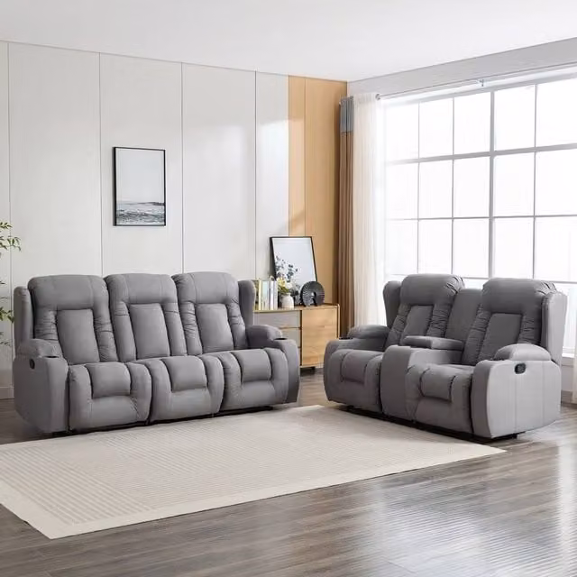 More4Homes Caesar 2 and 3 Seater Grey Technology Fabric Modern Manual Recliner Sofa Set with Drinks Console