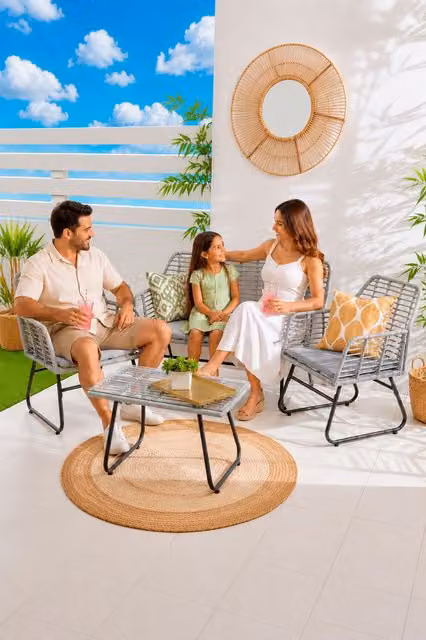 Neo 4 Piece Wicker Bamboo Style Garden Sofa, Table and Chairs Set in Dark Grey – 1