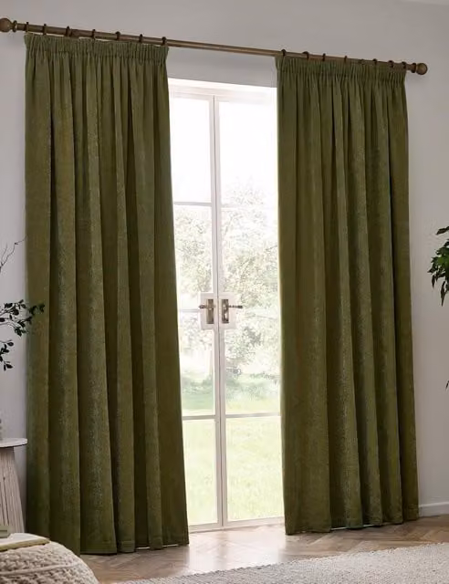 YARD Chenille Blackout Pencil Pleat Curtains, Green and Black, H: 229 cm x W: 168 cm