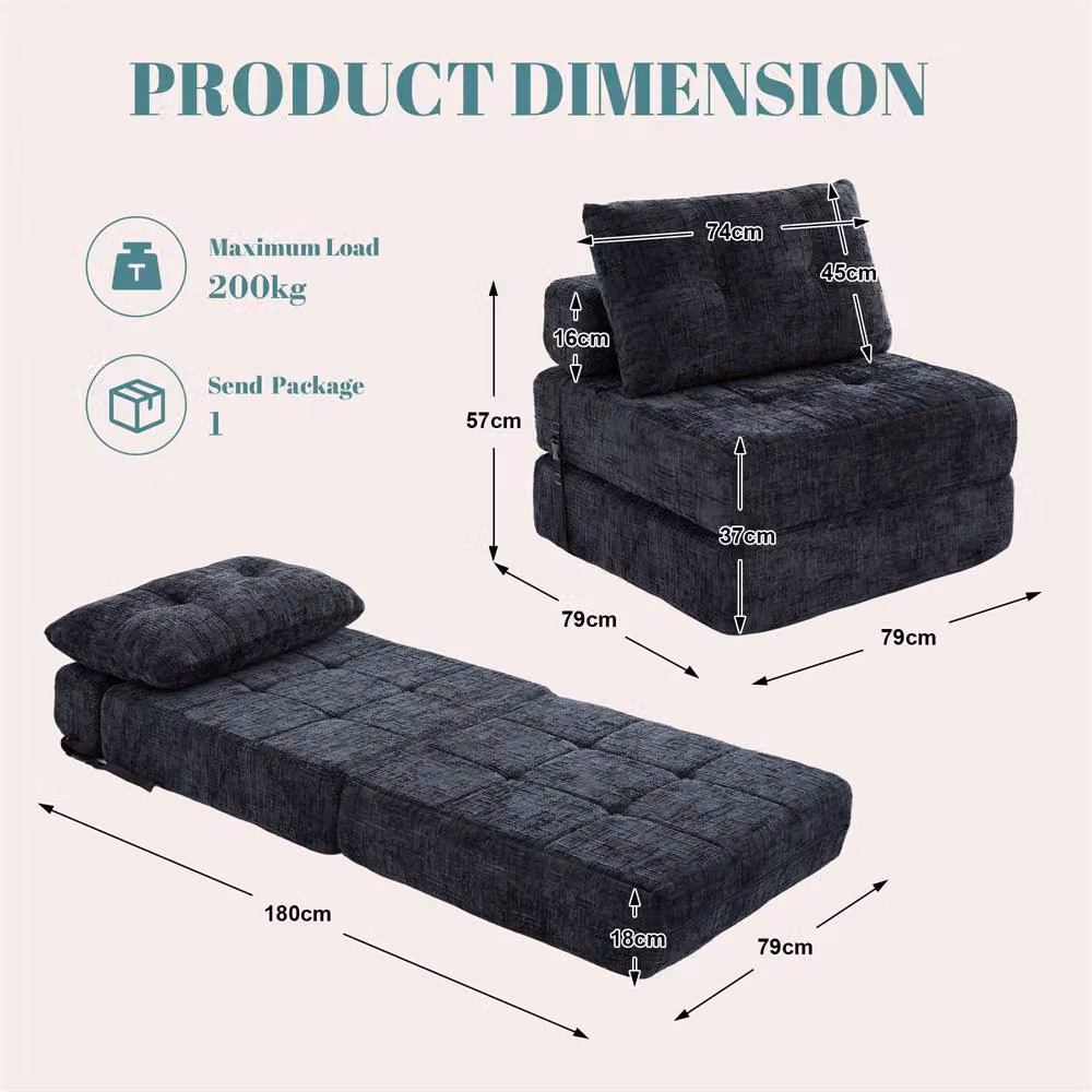 Direct Wicker Black Chenille Tufted Folding Sofa Bed with Pillow and Back Support – 2