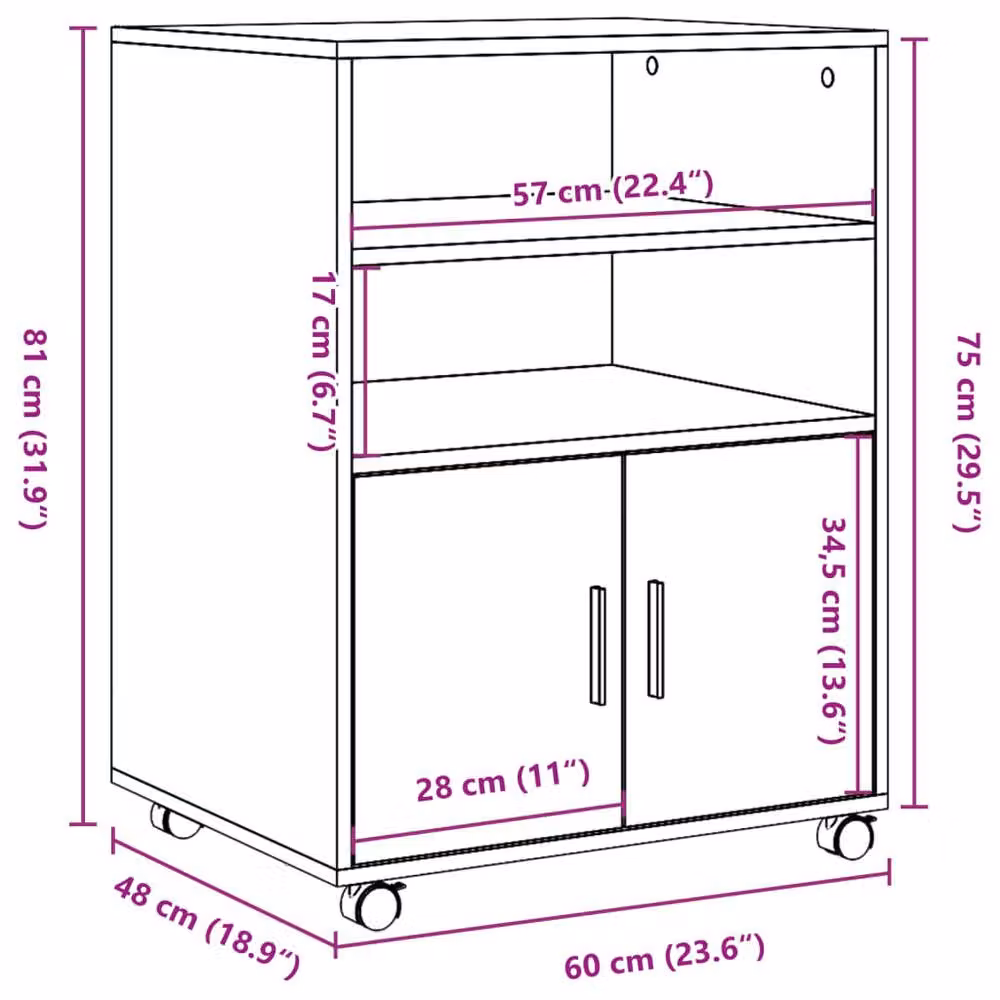 Berkfield Home Rolling Cabinet in Brown Oak, W: 60 cm, D: 48 cm, H: 81 cm – 6
