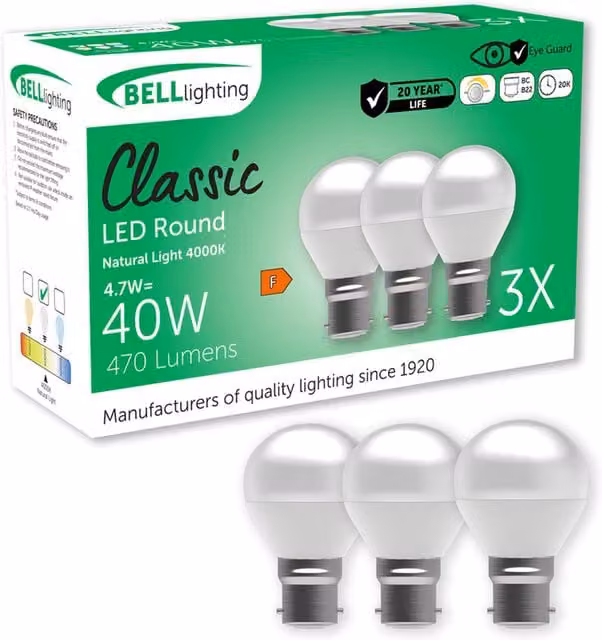 BELL Lighting B22 Dimmable LED Golf Ball Light Bulb, 4.7 W, Cool White 4000K
