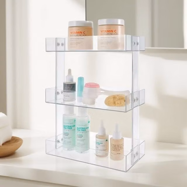 St Claris 3 Tier Clear Cosmetic Organiser and Makeup Storage Shelving Unit, Transparent