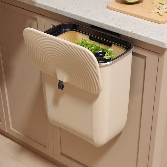 Lifeideas Beige Wall Mounted Plastic Hanging Waste Bin with Flip Lid, 9l