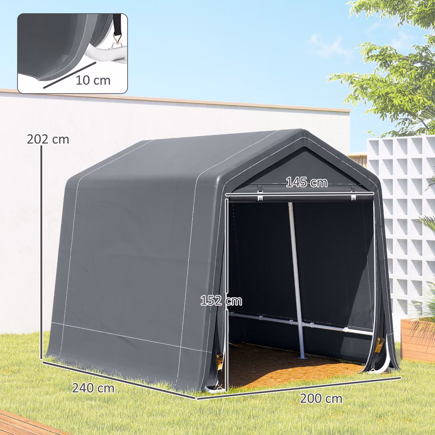 Outsunny Waterproof Outdoor Garden Storage Shed and Bike Tent with Double Roll-up Zipper Door, Dark Grey – 3