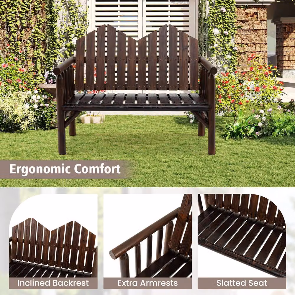 Costway 2-Seater Solid Pine Wood Patio Bench Loveseat with Inclined Backrest in Brown – 4