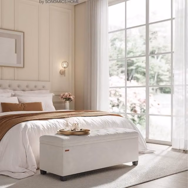 SONGMICS Velvet Storage Ottoman Bench in White, W/D/H: 110 x 40 x 40 cm
