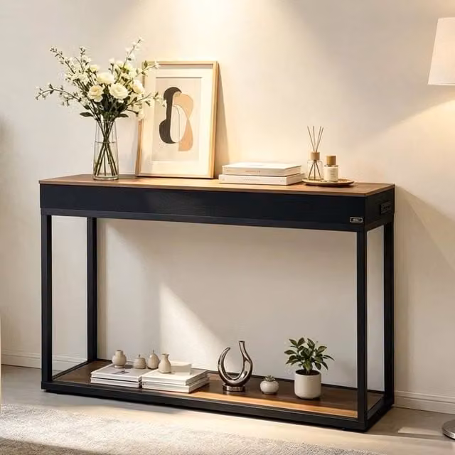 KORVIXA Modern Brown Metal Hallway Console Table and Display Stand