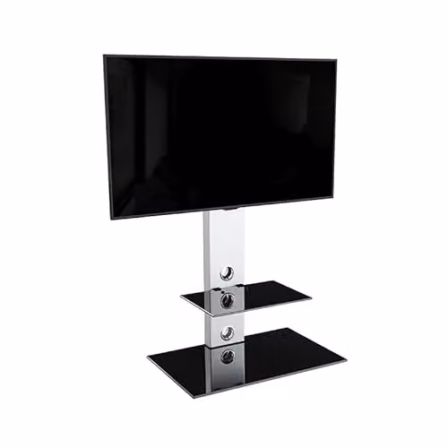 AVF Column TV Floor Stand with Silver Column and Gloss Black Safety Glass Shelves, Compatible with TVs up to 65 inches and 40kg