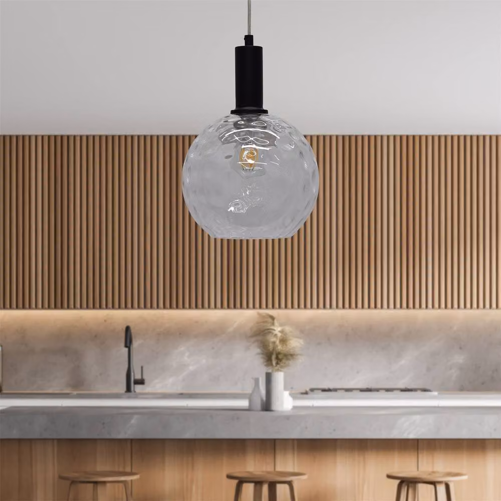 First Choice Lighting Barnum Art Deco Pendant Fitting with Black Metal and Transparent Dimple Glass Sphere, Height Adjustable – 2