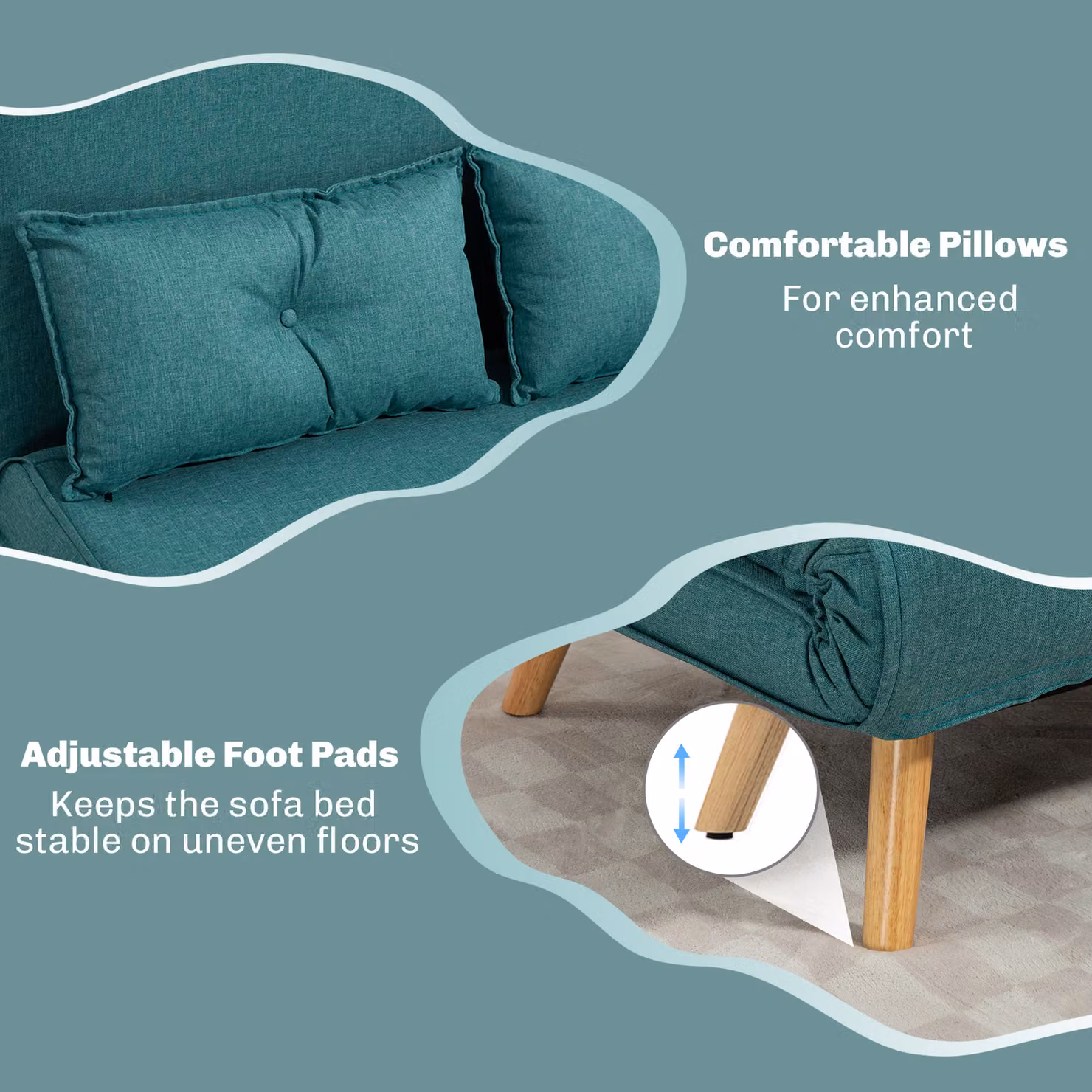 HOMCOM Two-Seater Green Linen-Look Sofa Bed with Metal Frame and Scatter Cushions, 140 x 200 cm – 6