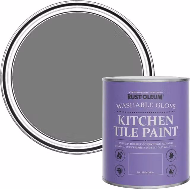 Rust-Oleum Water-Based Kitchen Tile Paint in Gloss Finish, Torch Grey, 750ml