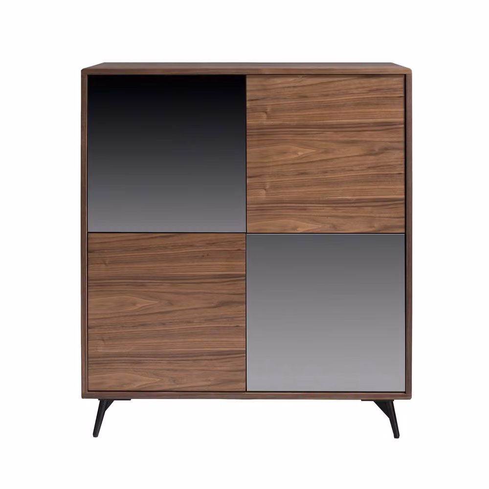 Angel Cerda 4-Door Tall Sideboard in Walnut Veneer with Black Mirror, Brown, W/D/H: 124 x 45 x 110 cm – 2