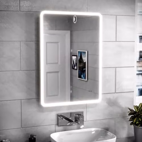 Nes Home Silver LED Bathroom Mirror with Motion Sensor, Shaver Socket and Demister, W: 50.0 cm, H: 70.0 cm