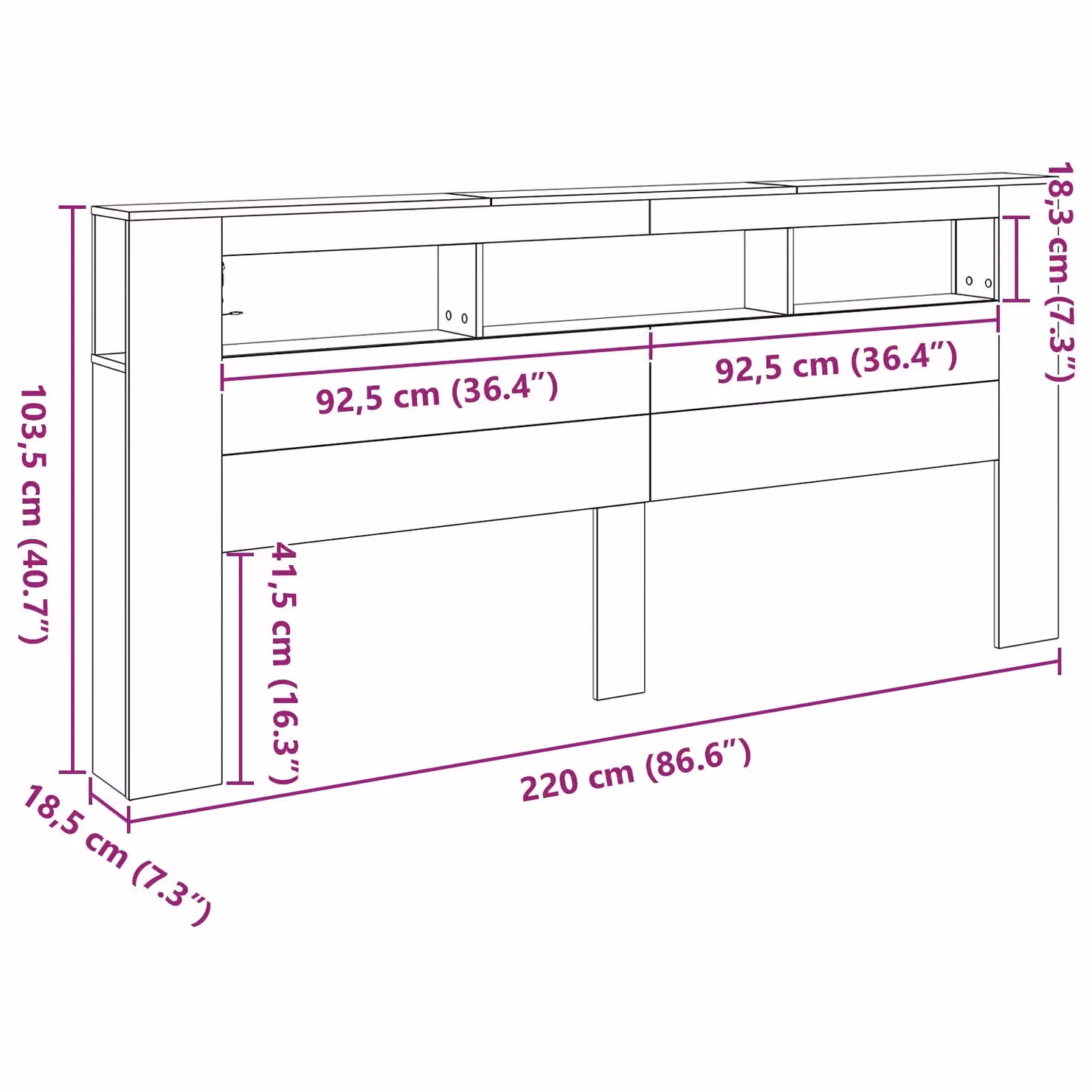 Berkfield Home Storage Headboard with LED Lights in Black Oak, W: 220 cm, D: 18.5 cm, H: 103.5 cm – 5