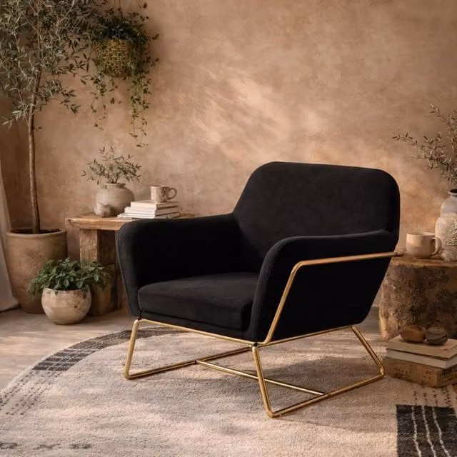 Wyld Haus Marseille Black Velvet Armchair with Gold Metal Legs