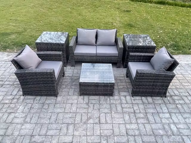 Fimous Outdoor Lounge Sofa Set in Dark Grey PE Rattan with Armchair, Square Coffee Table and 2 Side Tables