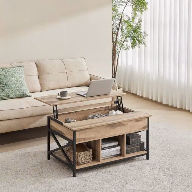 VASAGLE Industrial Lift-Top Coffee Table with Open and Hidden Storage in Brown and Black