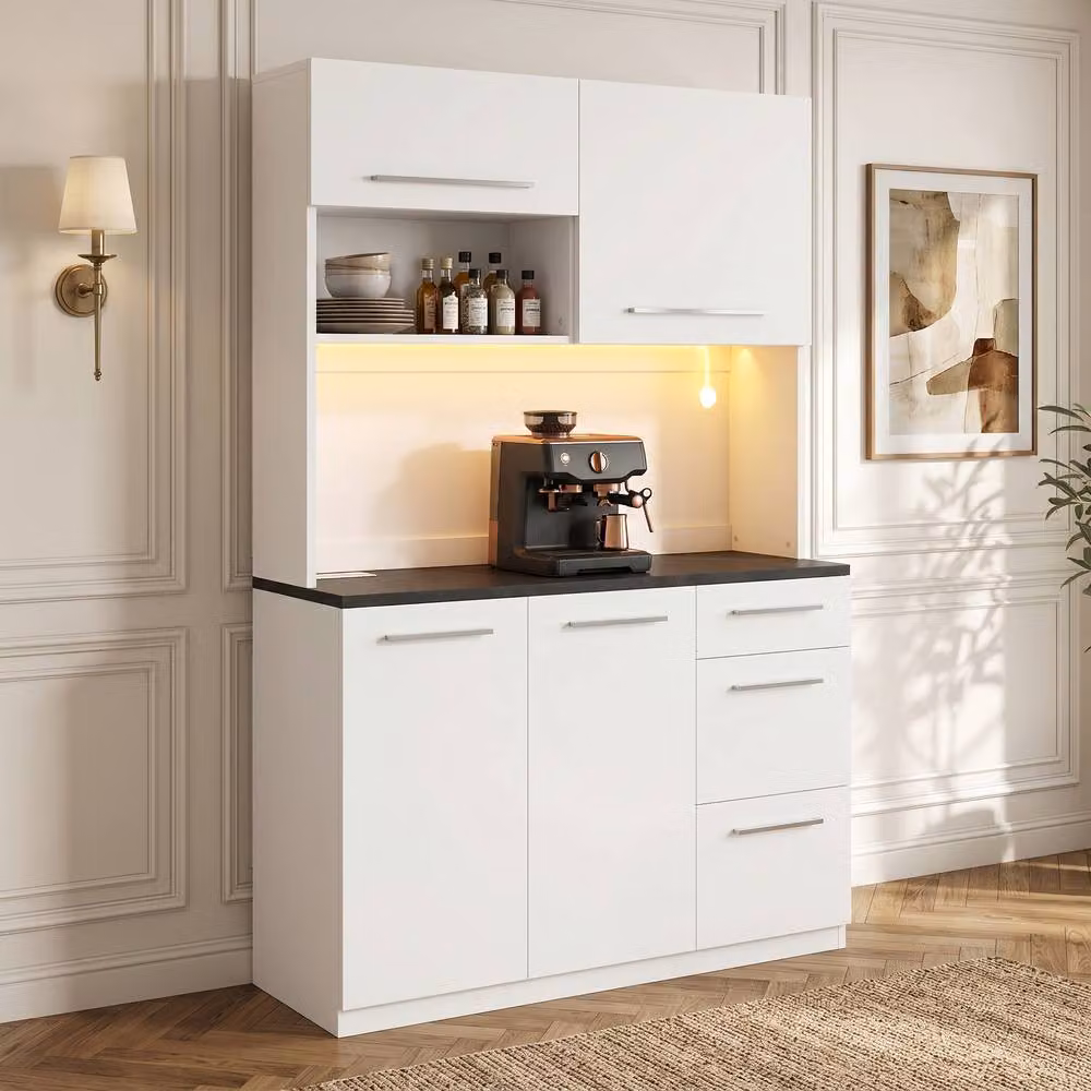 Merax Modern Tall Kitchen Storage Cabinet in White with Integrated Lighting and Glass Doors, W/D/H: 40 x 40 x 180 cm – 3